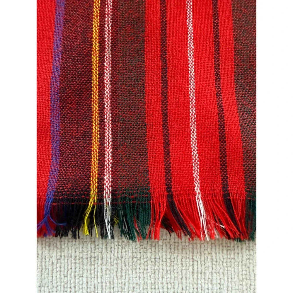 VTG Pure New Wool Red Plaid Tartan Square Scarf Fringe Made In United Kingdom